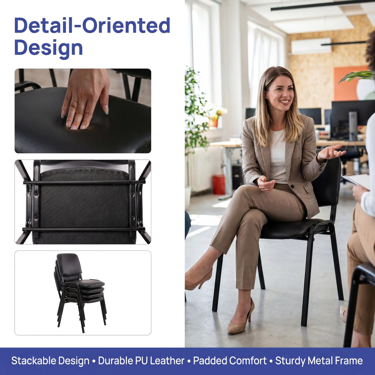 Stackable Office Guest Chairs, Reception Waiting Room Chairs with Padded Seat & Back, Armless No Wheels Conference Chairs for Training, Meeting, Lobby, Set of 5, Black Mesh Fabric
