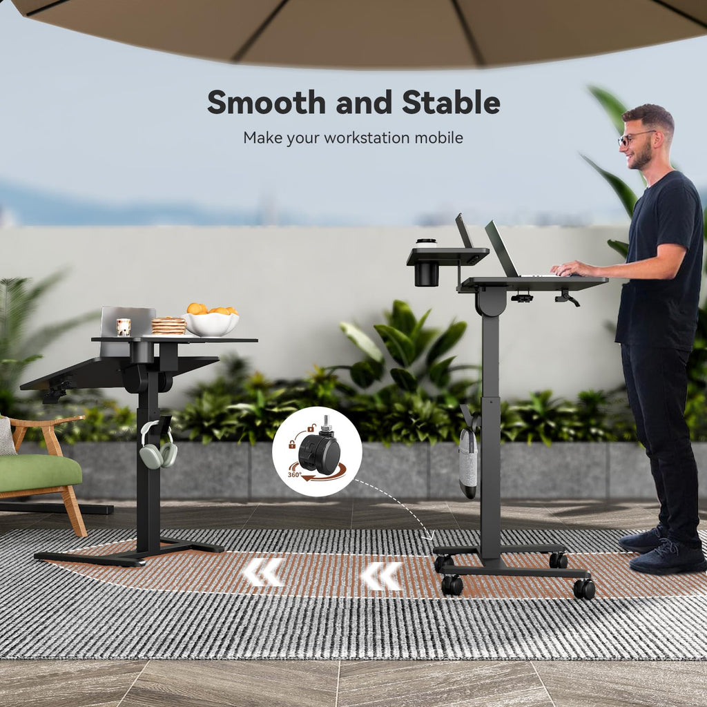 28" Mobile Standing Desk, Tiltable Top with 2-Tier Shelves, White
