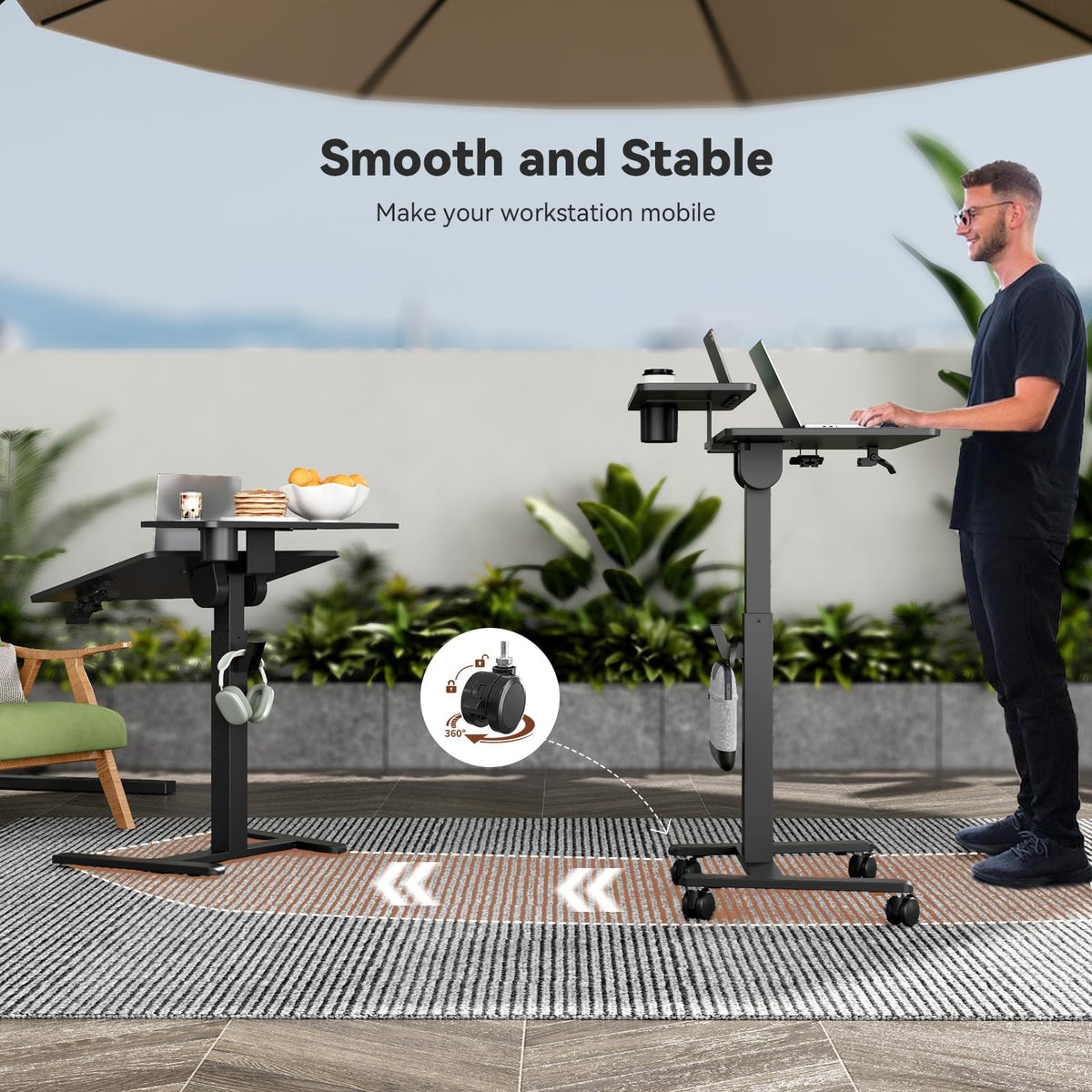 28" Mobile Standing Desk, Tiltable Top with 2-Tier Shelves, White
