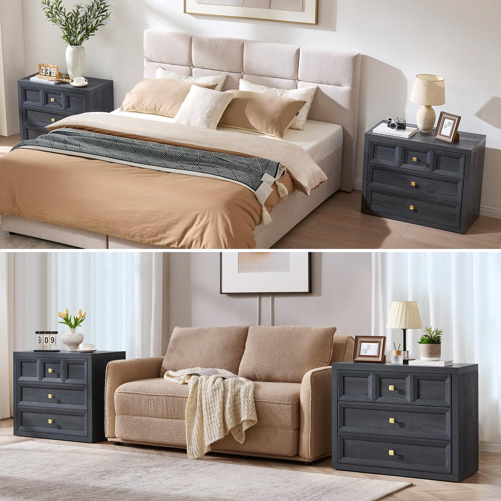 3 Drawers Nightstand Set of 2 W/Charging Station, 30.7" W King Size Bedside Table with 3 Drawers, Accent End Table W/Large Storage, Modern Wood Side Table for Bedroom,Office (2 Pieces, Gray Black)