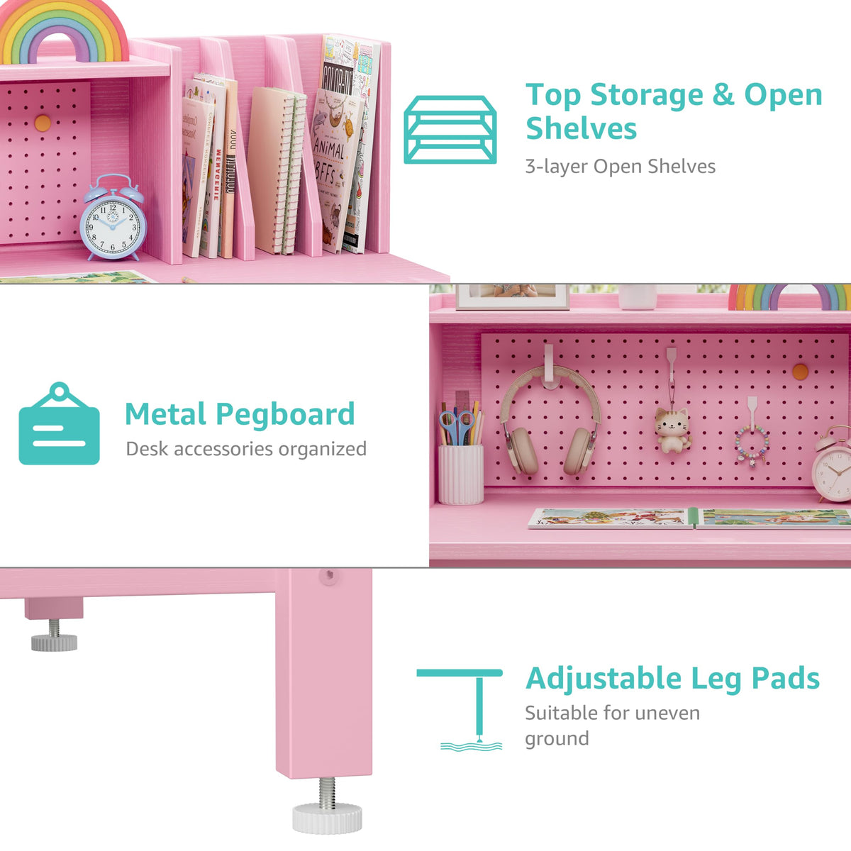 BOLUO Kids Desk and Chair Set for 6-12 Year Old, Children Study Desk with Hutch and Pegboard, Student Writing Table with Storage Shelf for Girls Boys