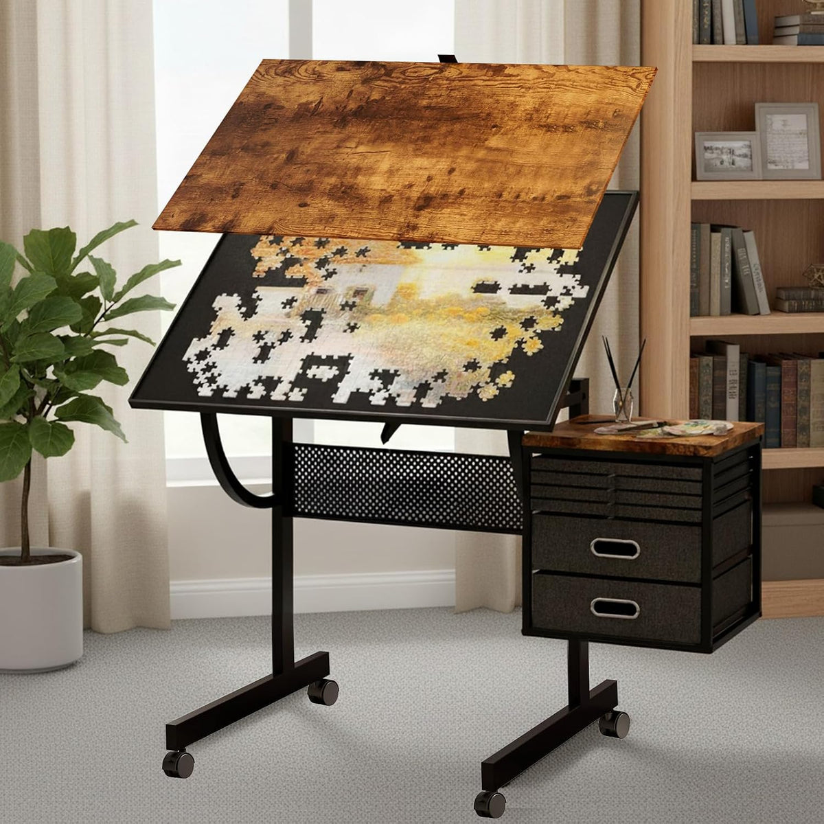 2 in 1 Puzzle Table Double-Sided with Wheels, Adjustable Drafting Desk with Drawers, Felt Storage Trays,, Art Table with 75Â° Tilted Tabletop, Painting Work Station for Home Office, Crafting, Brown
