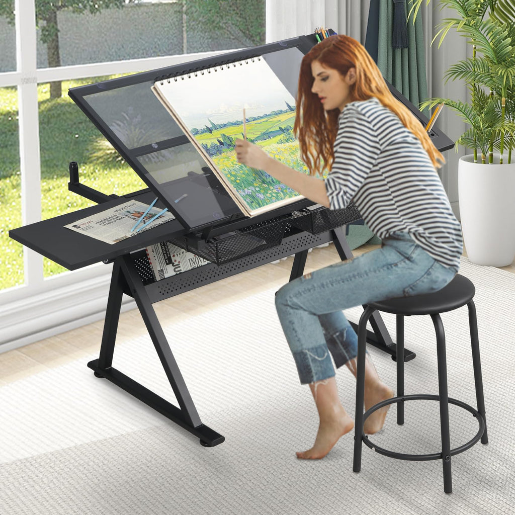 White Drafting Table with Stool Height Adjustable Art Craft Desk with Storage, Tilting Tempered Glass Tabletop, Expansion Board, Drawing Table for Home Office, Artists, Painters