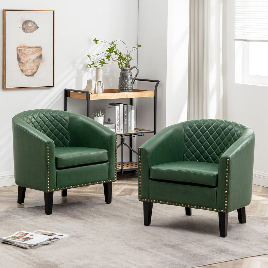 KINWELL 29" W Faux Leather Tufted PU Barrel Club Chairs Set of 2, Black