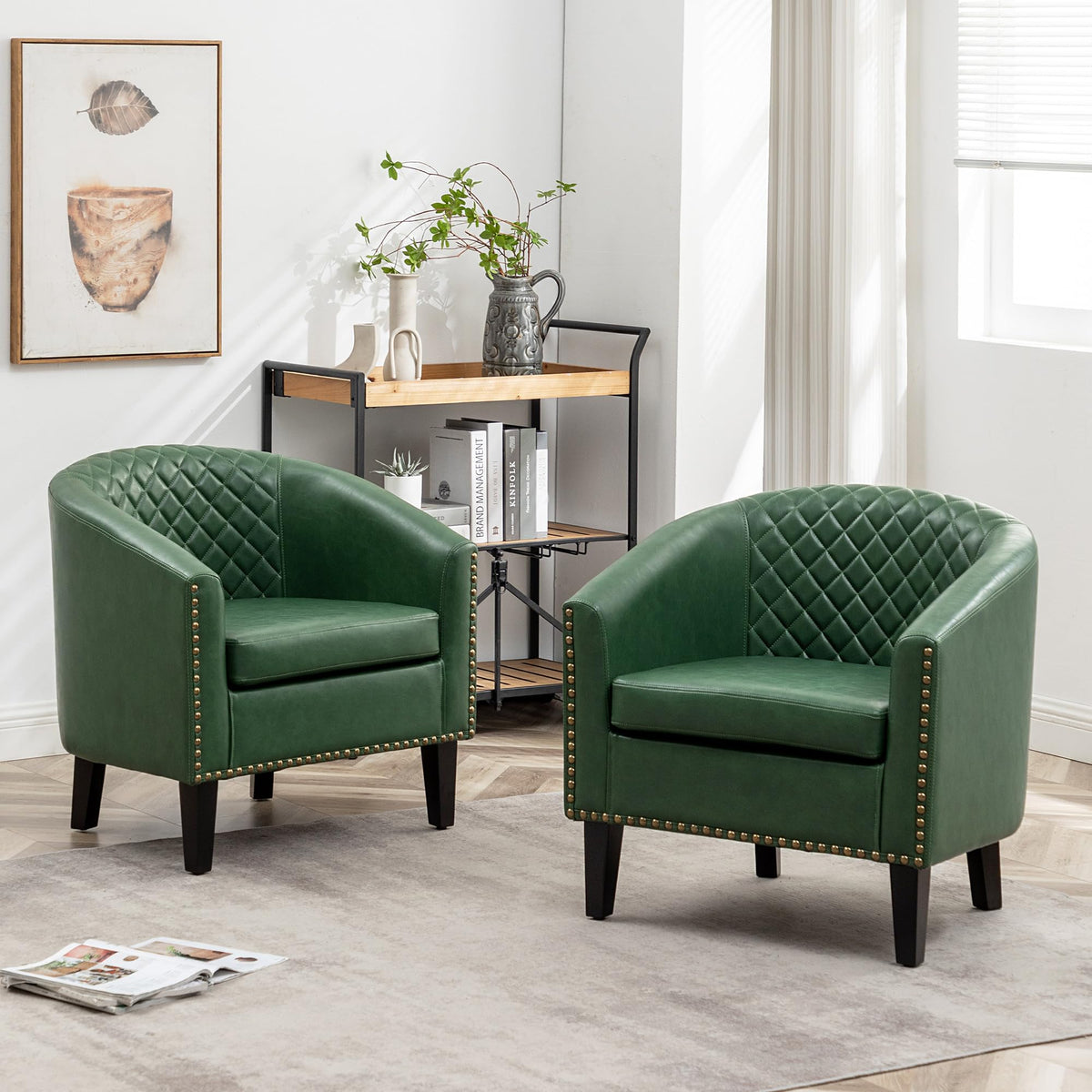 KINWELL 29" W Faux Leather Tufted PU Barrel Club Chairs Set of 2, Black