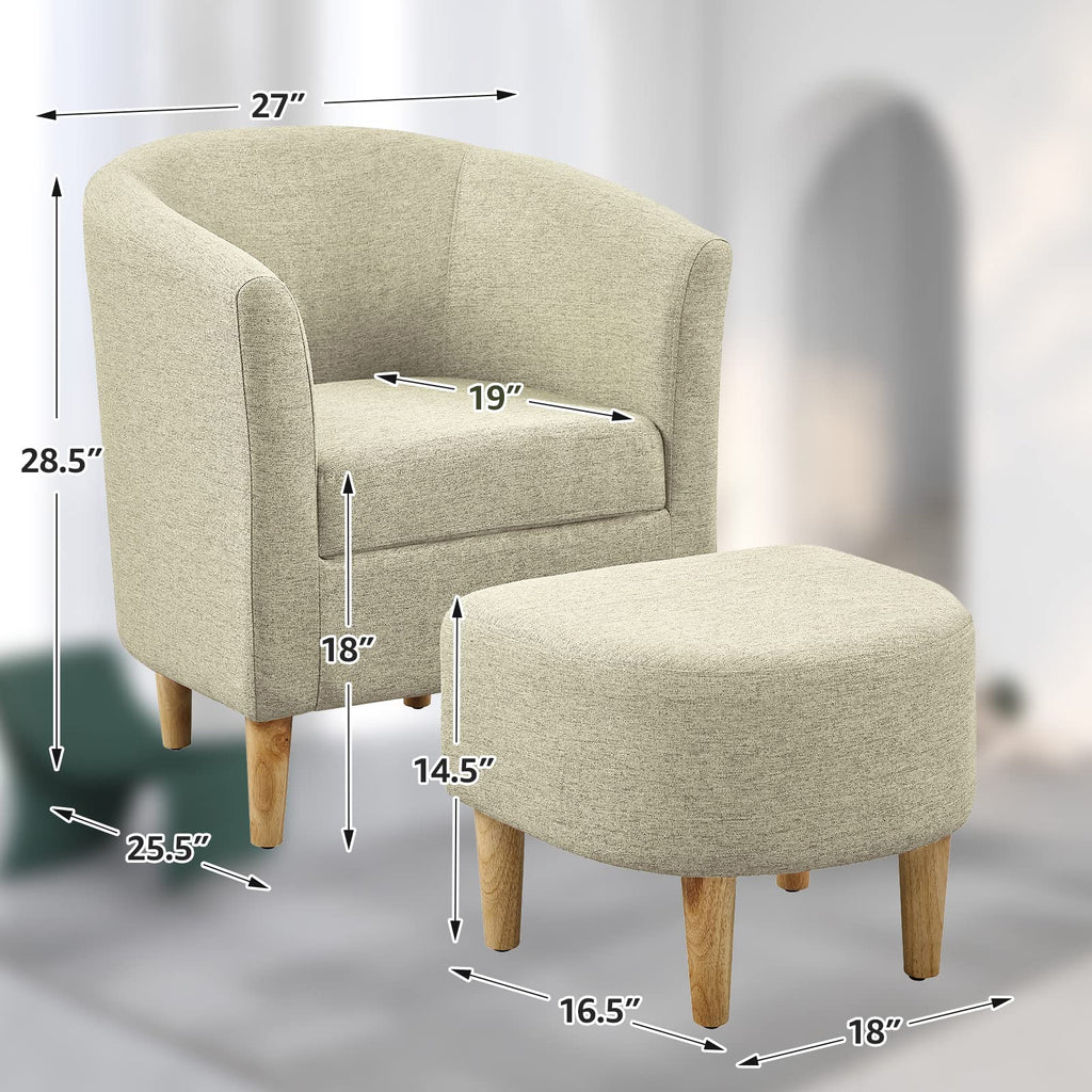 DAZONE Accent Chair with Ottoman, Modern Comfy Armchair Upholstered Barrel Club Chair and Footrest Set, Fabric Tub Arm Chairs for Living Room Bedroom Small Spaces Apartment Office, Set of 2, Gray