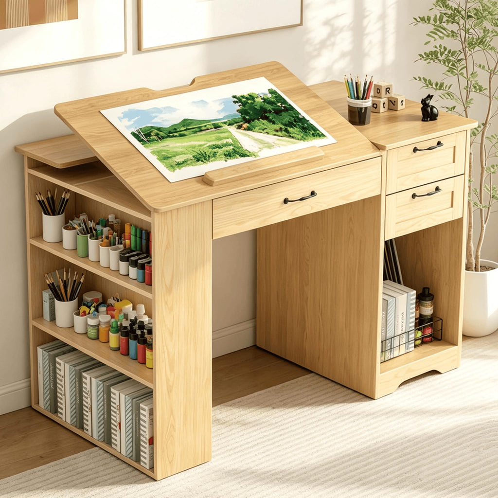 Drafting Table with Storage Cabinet & Drawers, Adjustable Drawing Table with Open Shelves, Craft Art Desk for Artists, Painters, Drawing, Crafting, Reading, Writing, Working