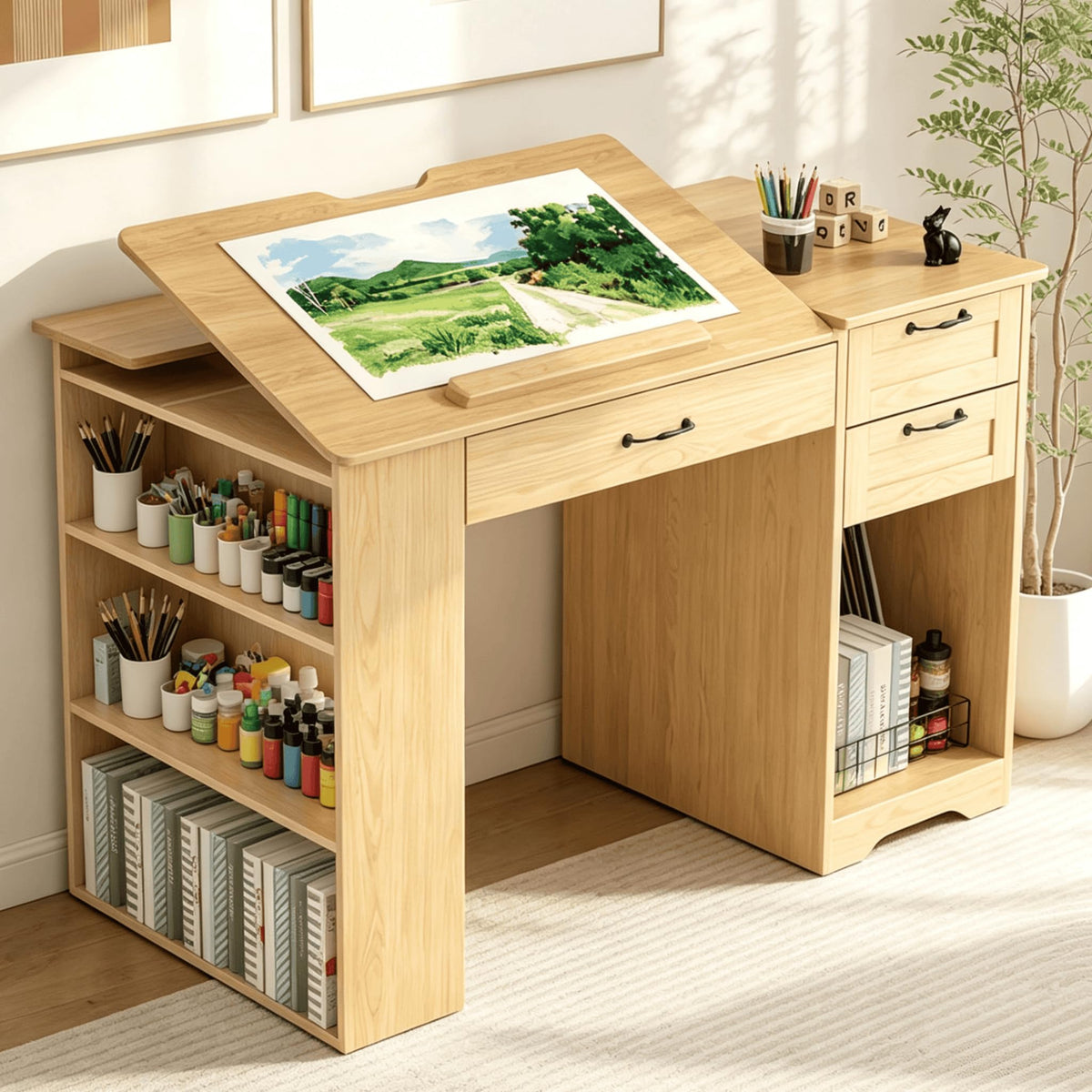 Drafting Table with Storage Cabinet & Drawers, Adjustable Drawing Table with Open Shelves, Craft Art Desk for Artists, Painters, Drawing, Crafting, Reading, Writing, Working