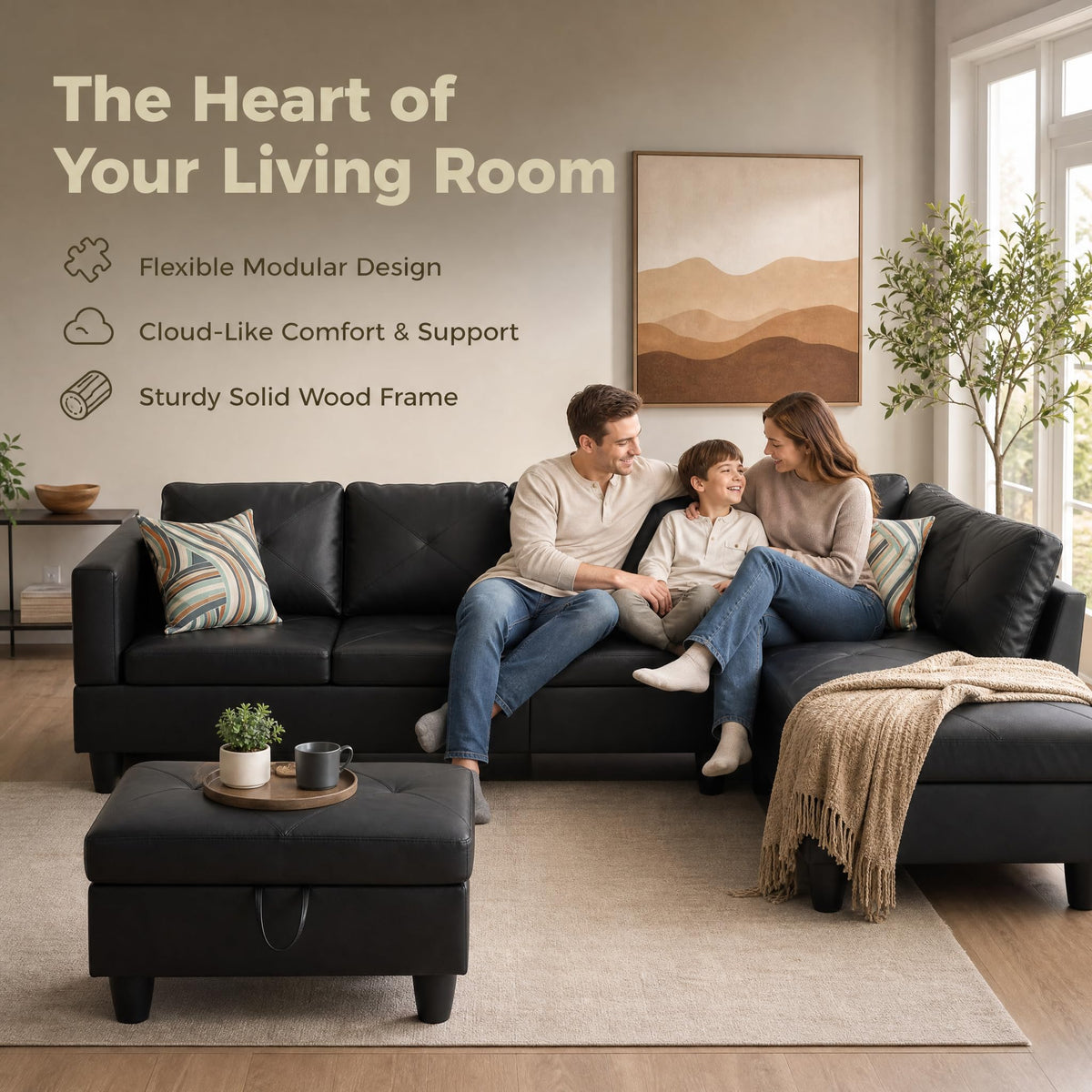 97.5" Leather L Shaped Couch with Left Chaise & Cup Holder, Sectional Sofas Modular Furniture Set with Storage Ottoman, Convertible Couches for Living Room, Office & Small Space (Black)