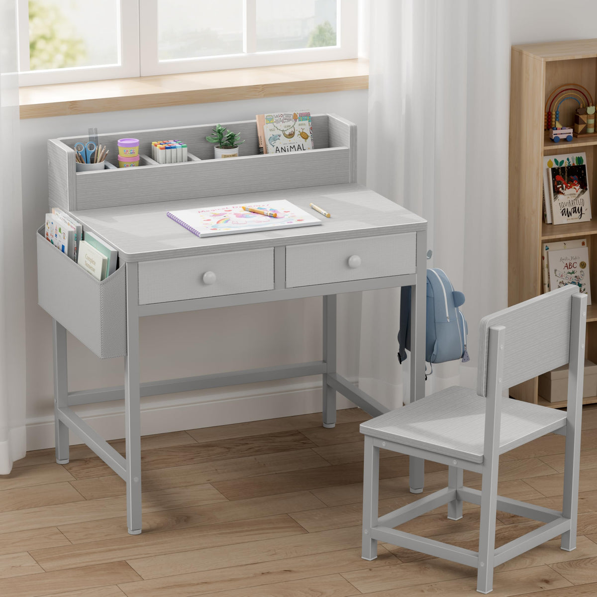 BOLUO White Kids Desk and Chair Set for 5-8 Year Old, Small Child Desk with Fabric Drawer, Children Study Table with Storage Toddler Girls Boys