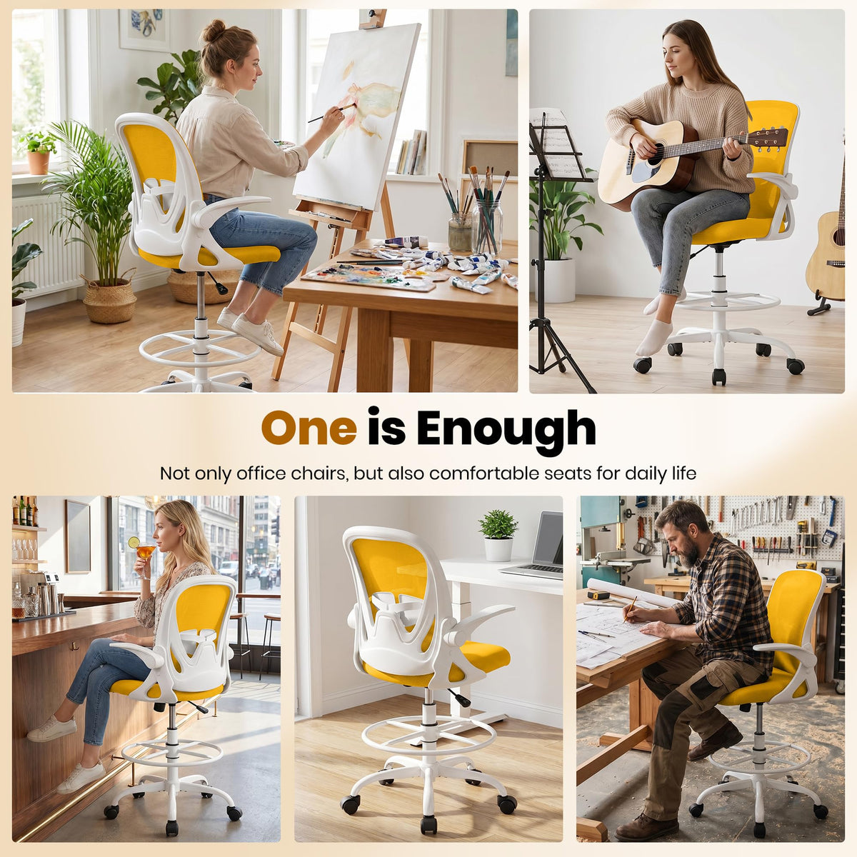 Drafting Chair Tall Office Chair with Flip-up Armrests, Adjustable Height, and Enhanced Lumbar Support - Ergonomic Rolling Stool, Back Support, and Adjustable Foot Rest Ring for Standing Desk White