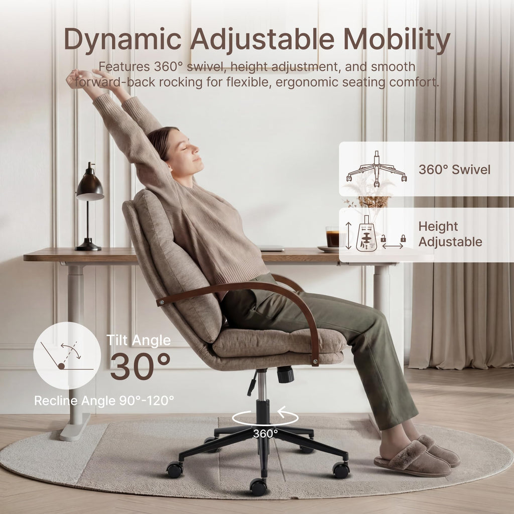 KISLOT Home Office Desk Chair, Ergonomic Office Chair with Lumbar Support, Adjustable Swivel Computer Chair with Wheels, Faux Leather Executive Task Chair with Wood Arms, Set of 2, Brown