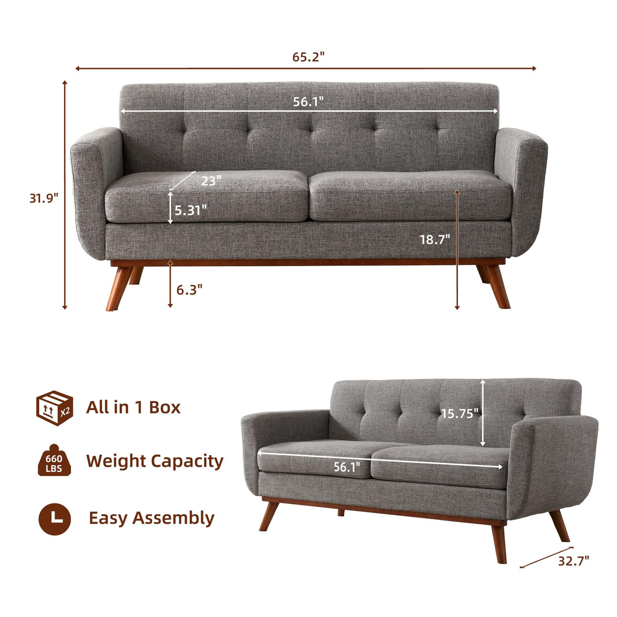 Kingfun 2 Piece Loveseat and Sofa Sets, Mid Century Modern Love Seat Couches for Living Room, Button Tufted Upholstered Furniture, Small Couch for Bedroom, Office, Beige