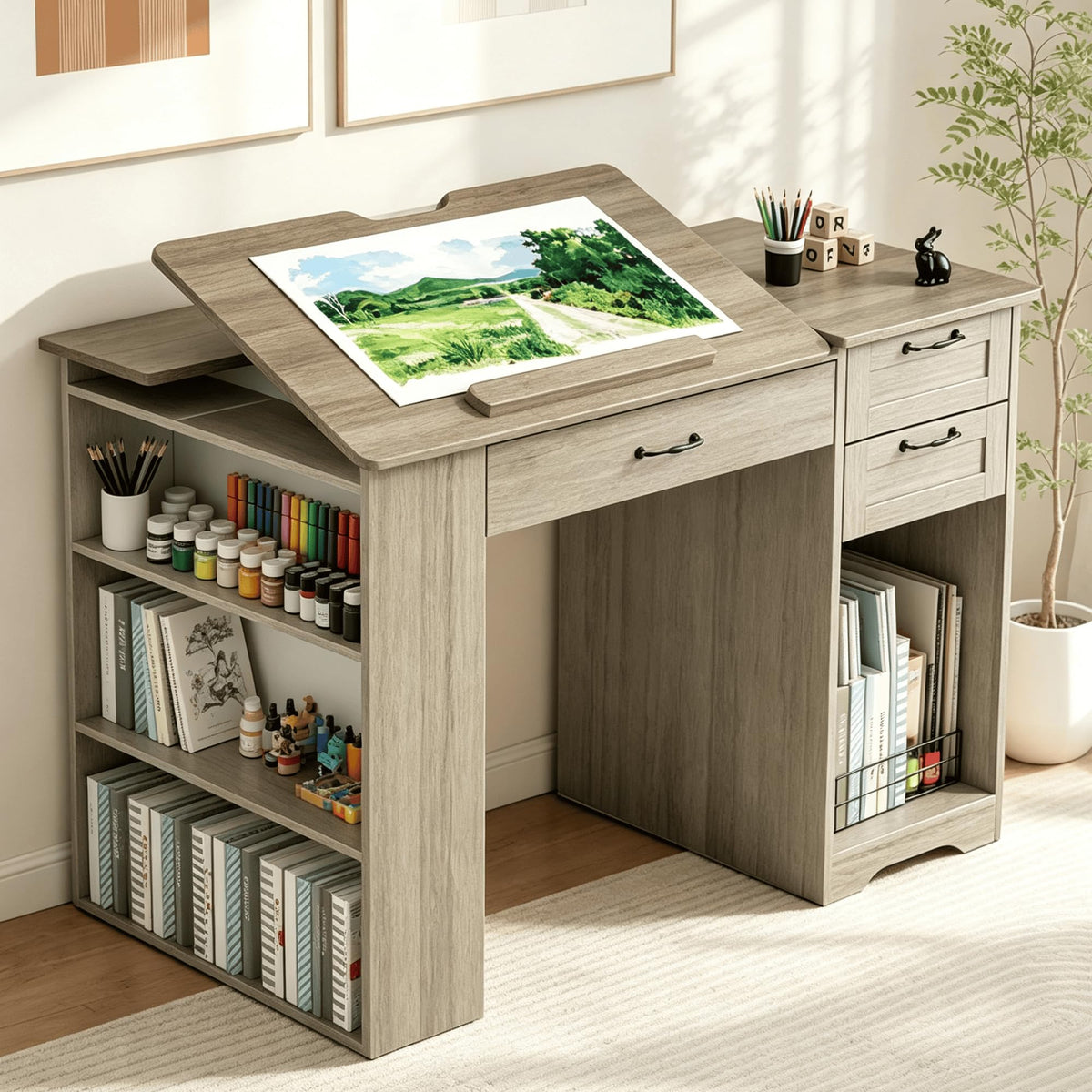 Drafting Table with Storage Cabinet & Drawers, Adjustable Drawing Table with Open Shelves, Craft Art Desk for Artists, Painters, Drawing, Crafting, Reading, Writing, Working