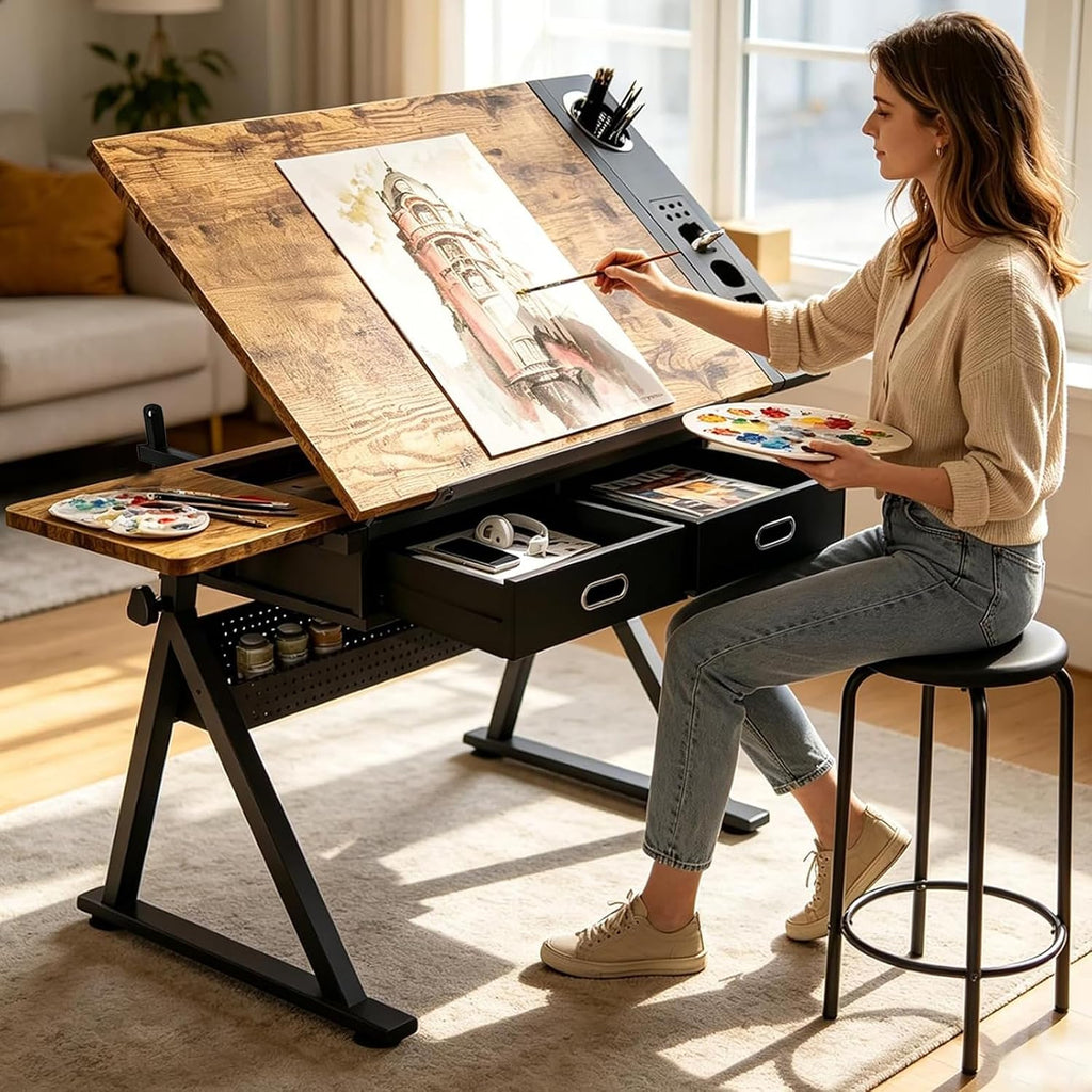 Height Adjustable Tilt Drafting Table with 2 Storage Drawers & Stool Brown