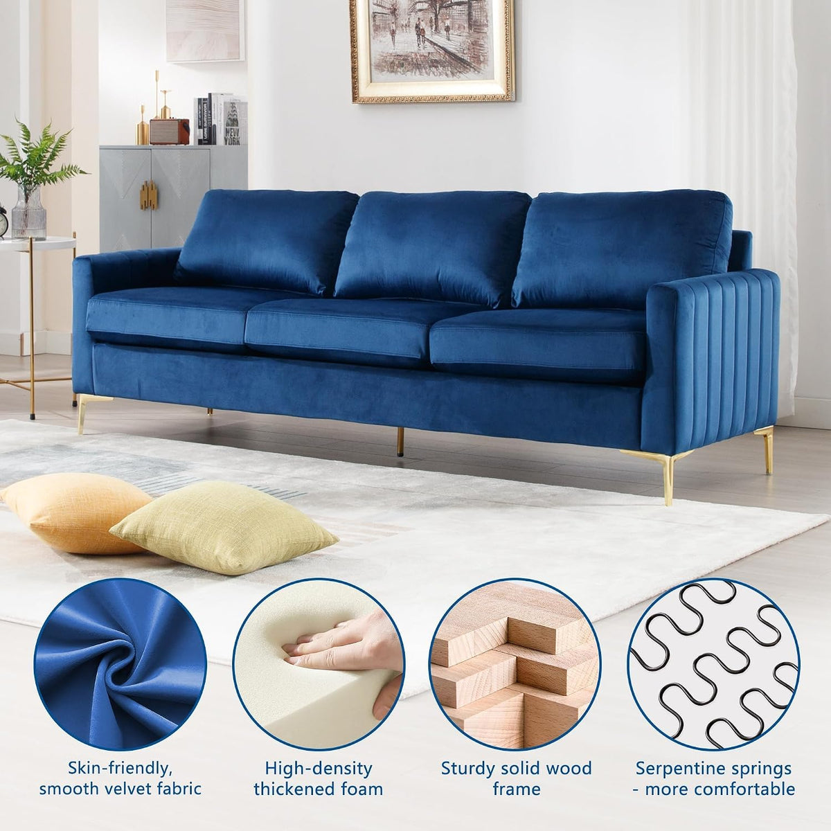 2 Piece Sofa and Loveseat Set, Comfy Tufted Velvet Couch and Loveseat Sets Furniture with Gold Leg, Mid Century Modern Couch Soft Upholstered Sofa Set of 2 for Living Room Bedroom Office (Navy Blue)