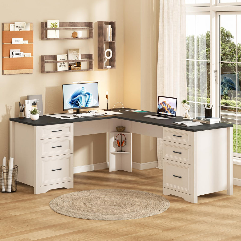 Halitaa Farmhouse Home Office Desk with 6 Drawers, L Shaped Executive Desk with Power Outlets and Triangle Under-Desk Storage Shelf & Drawer File Cabinet, Corner Computer Desk, Grey