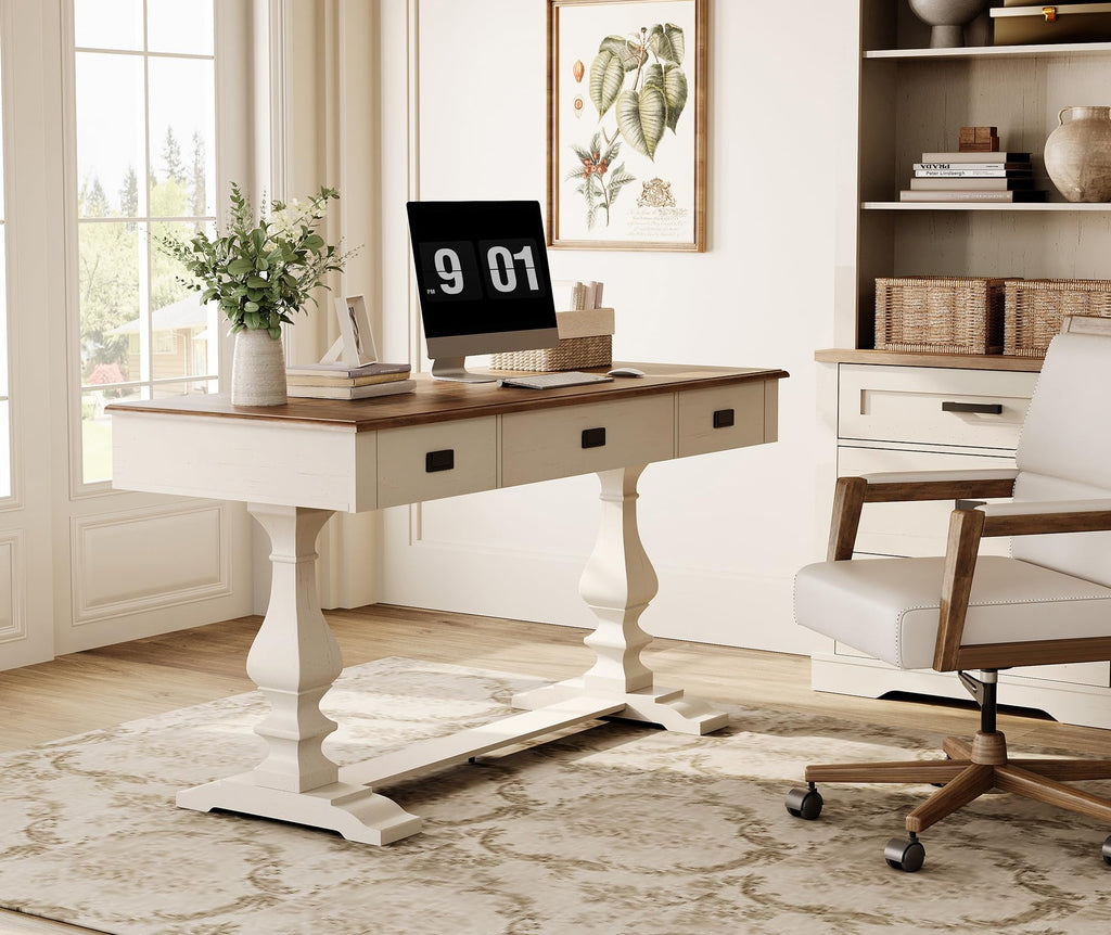 WAMPAT 60-inch Vintage Farmhouse Desk with Charging Station &3 Deep Drawers