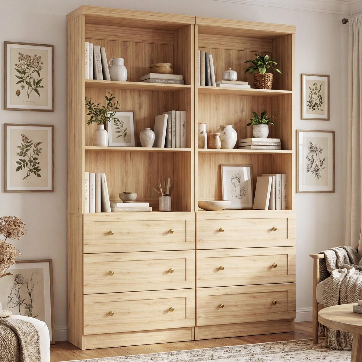 Cyclysio 80" Bookshelf with 3 Drawers and Baseboard Cutout, Set of 2