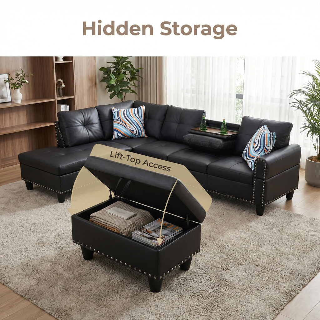 97.5" L-Shaped Modular Sectional Sofa with Movable Chaise & Storage Ottoman, 3 Piece Convertible Leather Couch, 4 Seat Gloss Black Living Room Furniture Set for Apartment Home Office