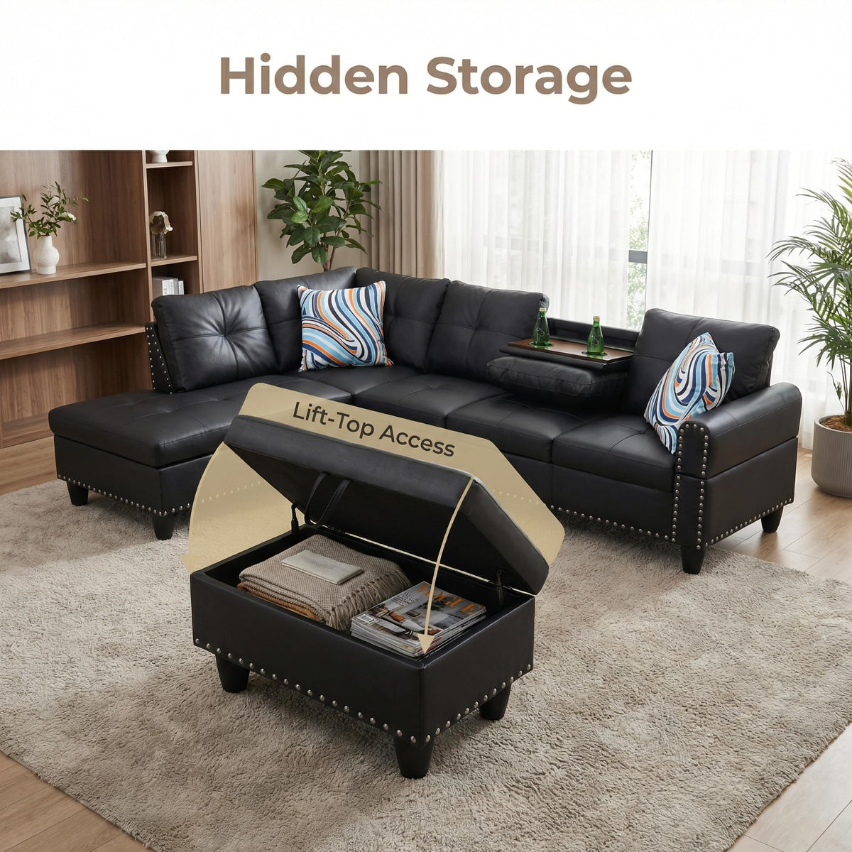 97.5" L-Shaped Modular Sectional Sofa with Movable Chaise & Storage Ottoman, 3 Piece Convertible Leather Couch, 4 Seat Gloss Black Living Room Furniture Set for Apartment Home Office