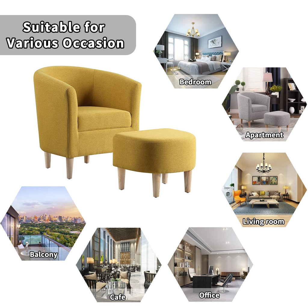 DAZONE Accent Chair with Ottoman, Modern Comfy Armchair Upholstered Barrel Club Chair and Footrest Set, Fabric Tub Arm Chairs for Living Room Bedroom Small Spaces Apartment Office, Set of 2, Gray