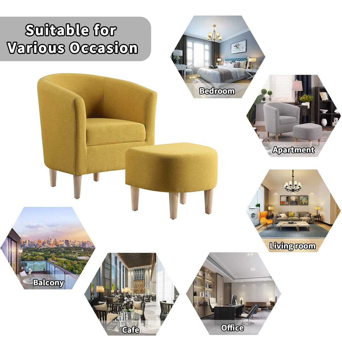 DAZONE Accent Chair with Ottoman, Modern Comfy Armchair Upholstered Barrel Club Chair and Footrest Set, Fabric Tub Arm Chairs for Living Room Bedroom Small Spaces Apartment Office, Set of 2, Gray