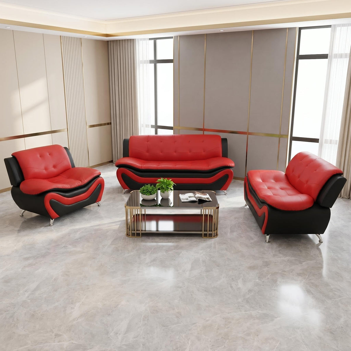 Modern Faux Leather Sofa Set â 3-Piece Living Room Couch with Chrome Legs & Padded Armrests â Includes 1-Seater, 2-Seater & 3-Seater â Contemporary Lounge Furniture for Home & Office (Brown)