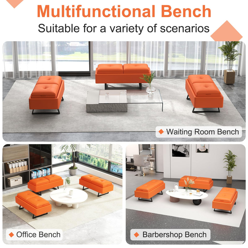MOTION Leather Bench Waiting Room Chairs - 3 Seat Office Guest Reception Bench with Cushion, Waiting Room Bench Seating, Office Furniture Lobby Chairs for Salon, Shop, Set of 2, Orange