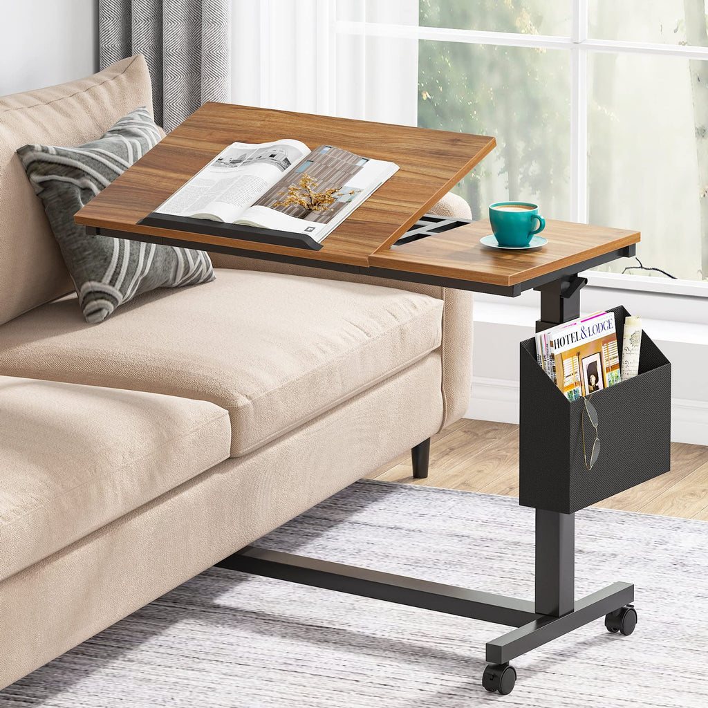 Tribesigns Height Adjustable C Shaped End Table with Wheels and Side Pocket, Mobile Sofa Snack Table with Tiltable Drawing Board, Laptop Side Tray Table for Couch Bed (Rustic Brown)