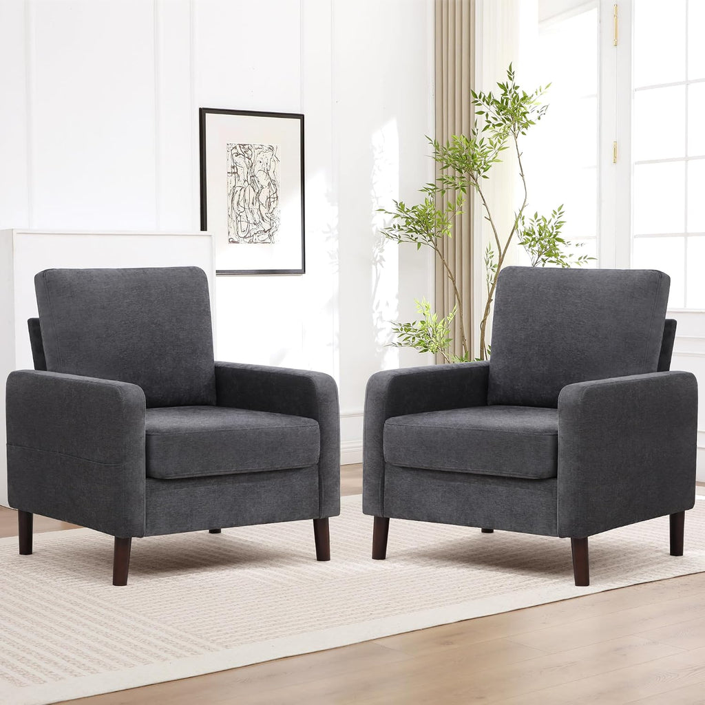 Accent Chair Set of 2, Upholstered Living Room Chairs with Wood Legs and Side Pockets, Modern Reading Chair for Bedroom, Armchair Single Sofa Side Chair for Office, Small Room, Dark Grey