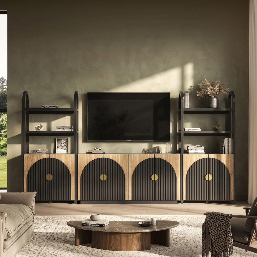 BELLEZE Book Shelf 72" Tall Arched Bookcase with Storage, 5 Tier Mid Century Modern Fluted Bookshelf with Doors, Modular Bookshelves for Living Room Office Library, Set of 2 (Caramel Brown)