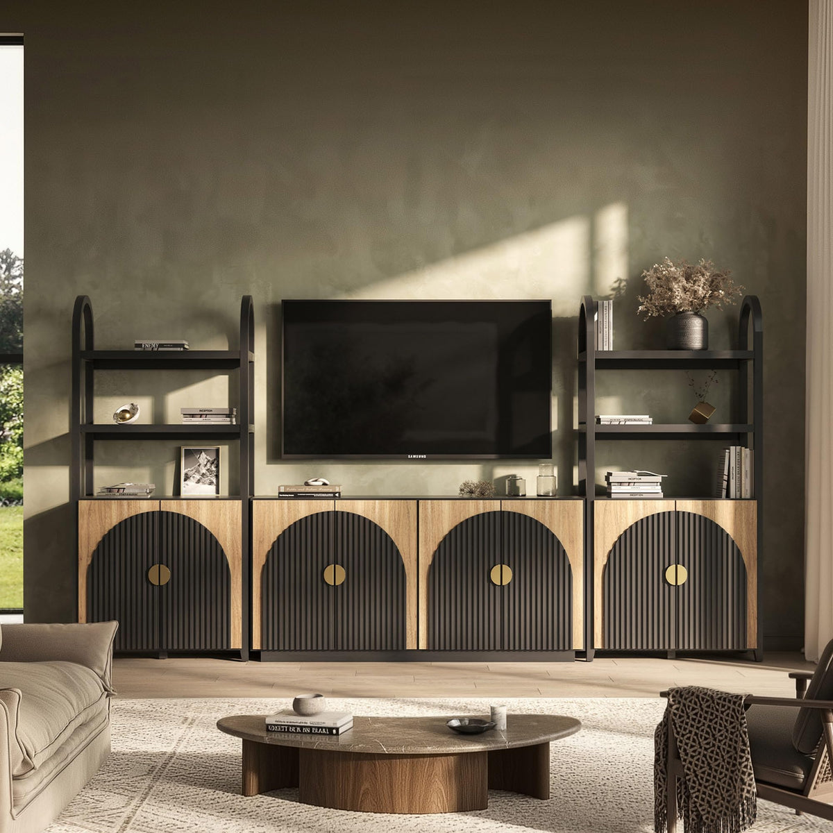 BELLEZE Book Shelf 72" Tall Arched Bookcase with Storage, 5 Tier Mid Century Modern Fluted Bookshelf with Doors, Modular Bookshelves for Living Room Office Library, Set of 2 (Caramel Brown)