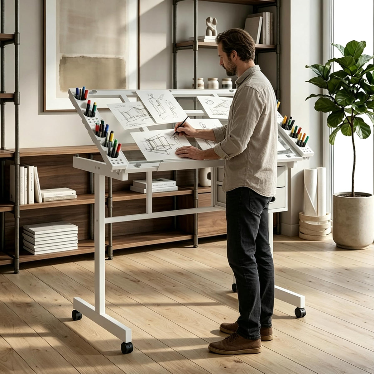 Drafting Table, Adjustable Height Drawing Table Art Table Painting Table Art Craft Desk with 0-75Â° Tilting Glass Tabletop and Storage Drawers, Black