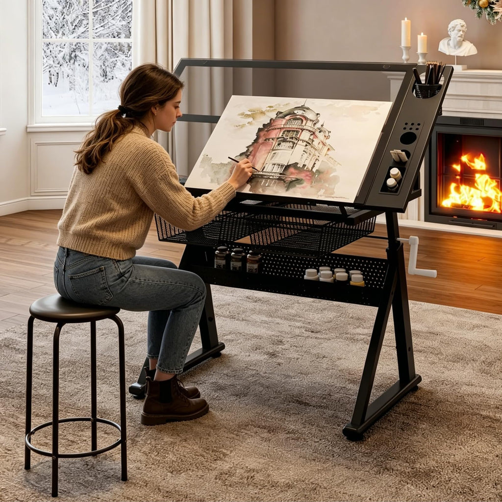 Drafting Table for Artists, Glass Drawing Table with Stool,T1-Black