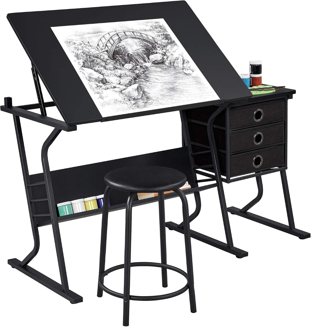 Topeakmart Height Adjustable Drafting Table Art Craft Desk Work Station Hobby Design Studio Tiltable Tabletop Drawing Desk with Stool & Storage Drawers