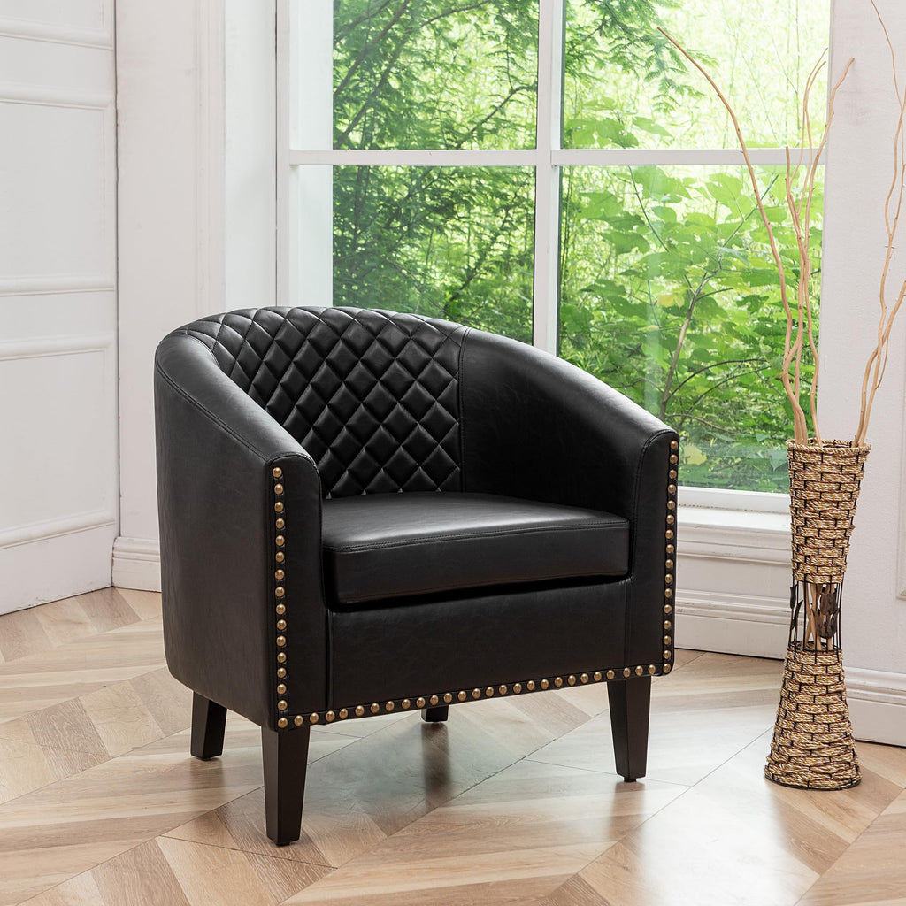 KINWELL 29" W Faux Leather Tufted PU Barrel Club Chairs Set of 2, Black