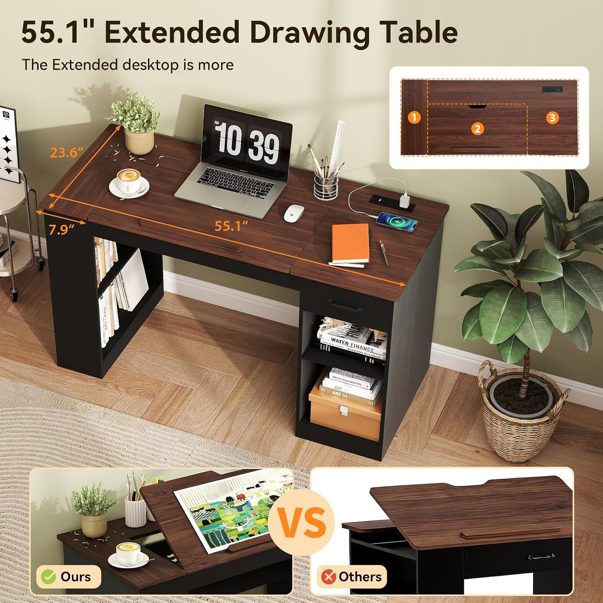 Verano Garden 55.1" Drafting Table, Craft Art Table, Computer Desk, Black