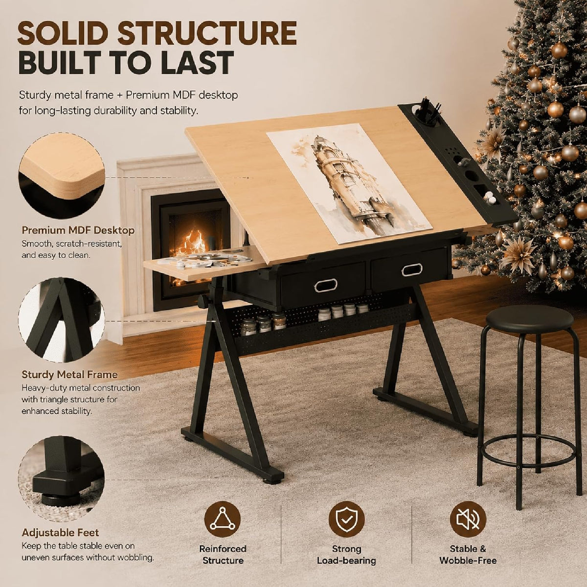Adjustable Drafting Table with Stool, Tilt-Top Drawing Desk with 2 Drawers