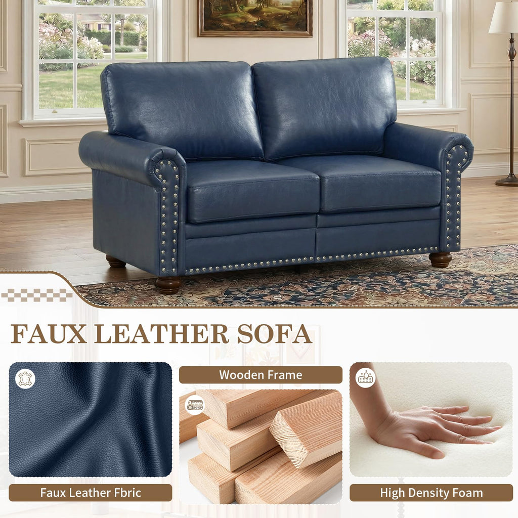 2 Piece Couch Sets for Living Room,Mid Century Modern Couch with Storage Nailhead Trim & Rolled Armrests,Deep Seat Comfy Couch,Furniture Set for Living Room,Bedroom,Office(Navy Blue,Loveseat+3 Seater)