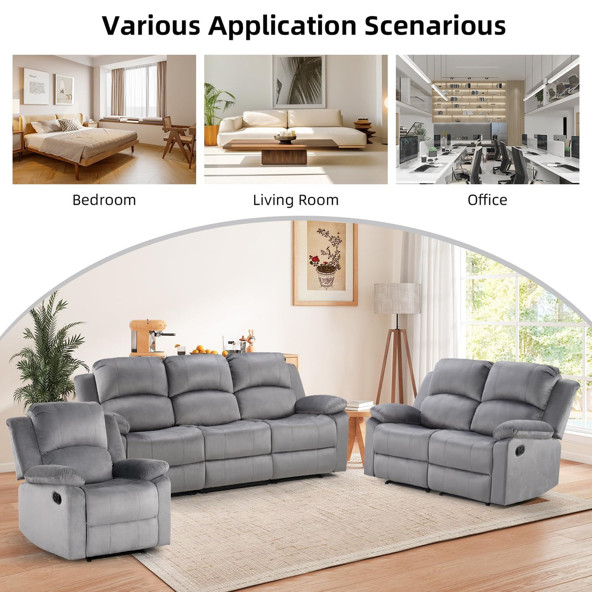 EBELLO Manual Faux Leather Reclining Couch Set for Living Room, Include 1 Recliner Chair, 1 Loveseat Sofa, Recliner Sofa Furniture Set for Home and Office, Black