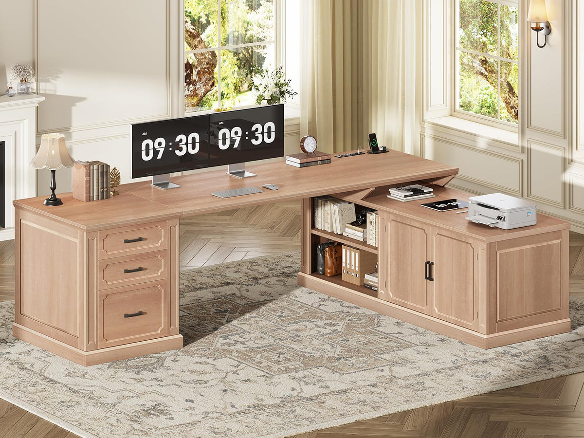 SEDETA Farmhouse 70.9" Executive Desk, Home Office Desk with File Drawers and Storage Cabinet, Computer Desk with Power Outlet for Home Office, Work Study Writing, Black+Brown