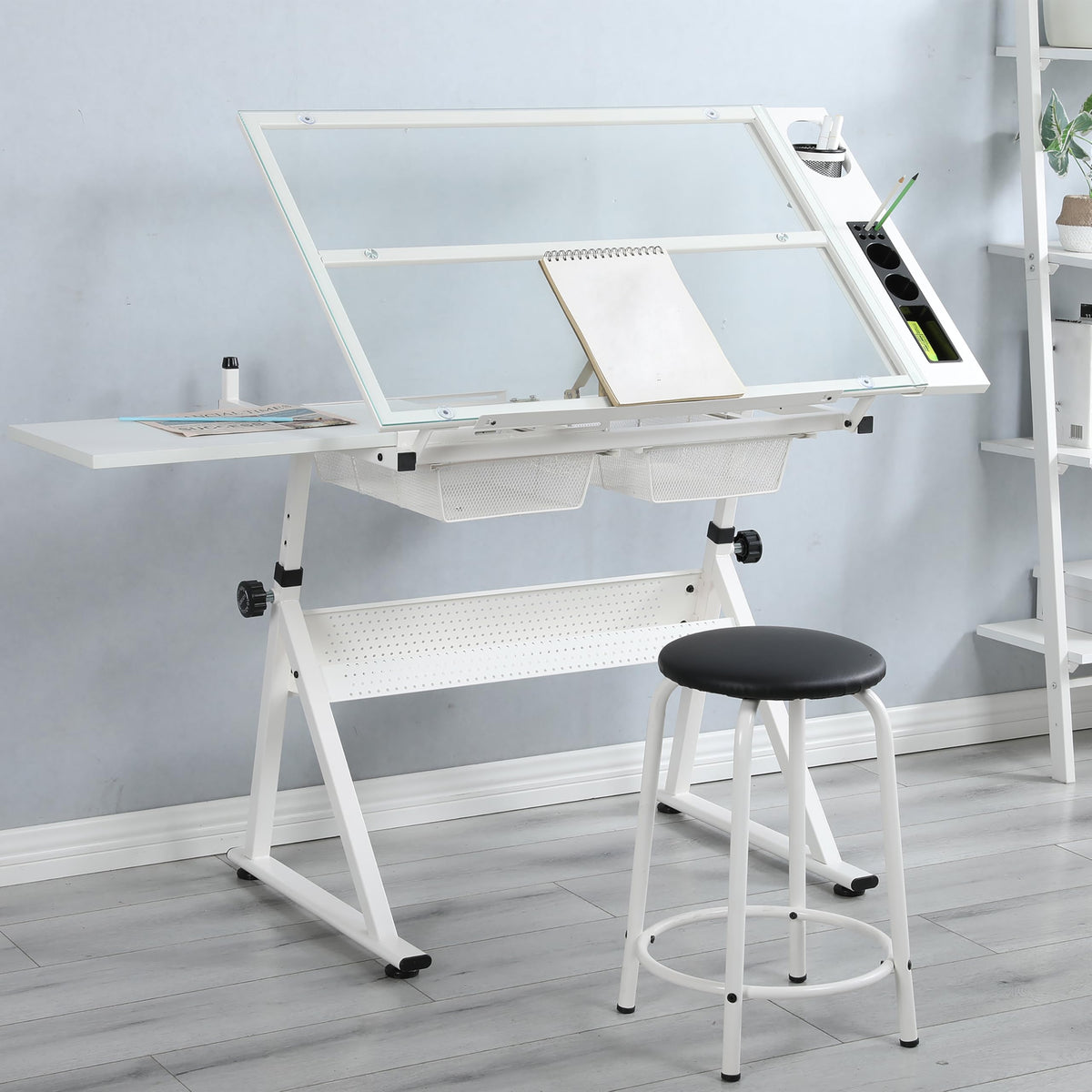 Adjustable Drafting Table with Stool, 0-75Â° Tilting Art Desk, White