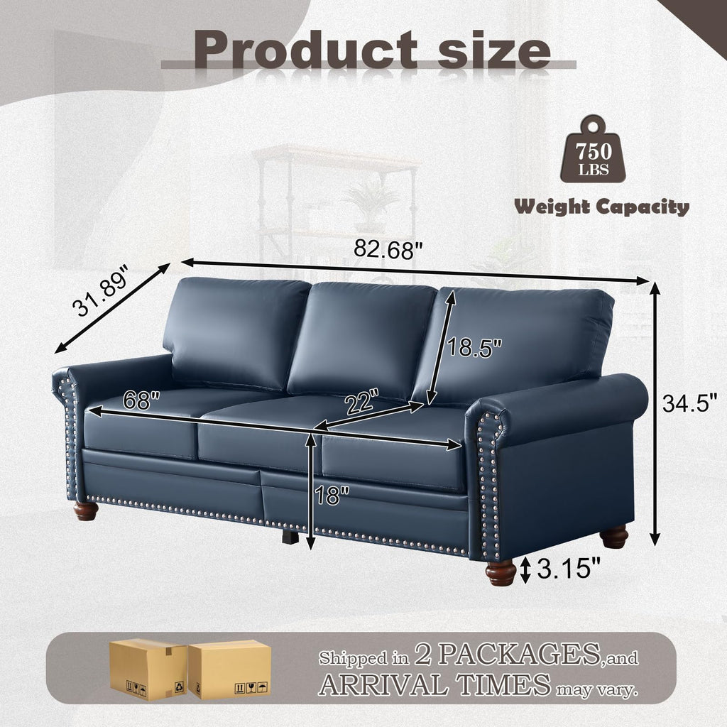 2 Piece Faux Leather Sofa Set,Modern Couch and Loveseat Sets with Storage,Mid Century Couch with Rivet Rolled Arm,Comfy Deep Seat Sofa,Furniture for Living Room,Office(Loveseat+3 Seater,Navy)