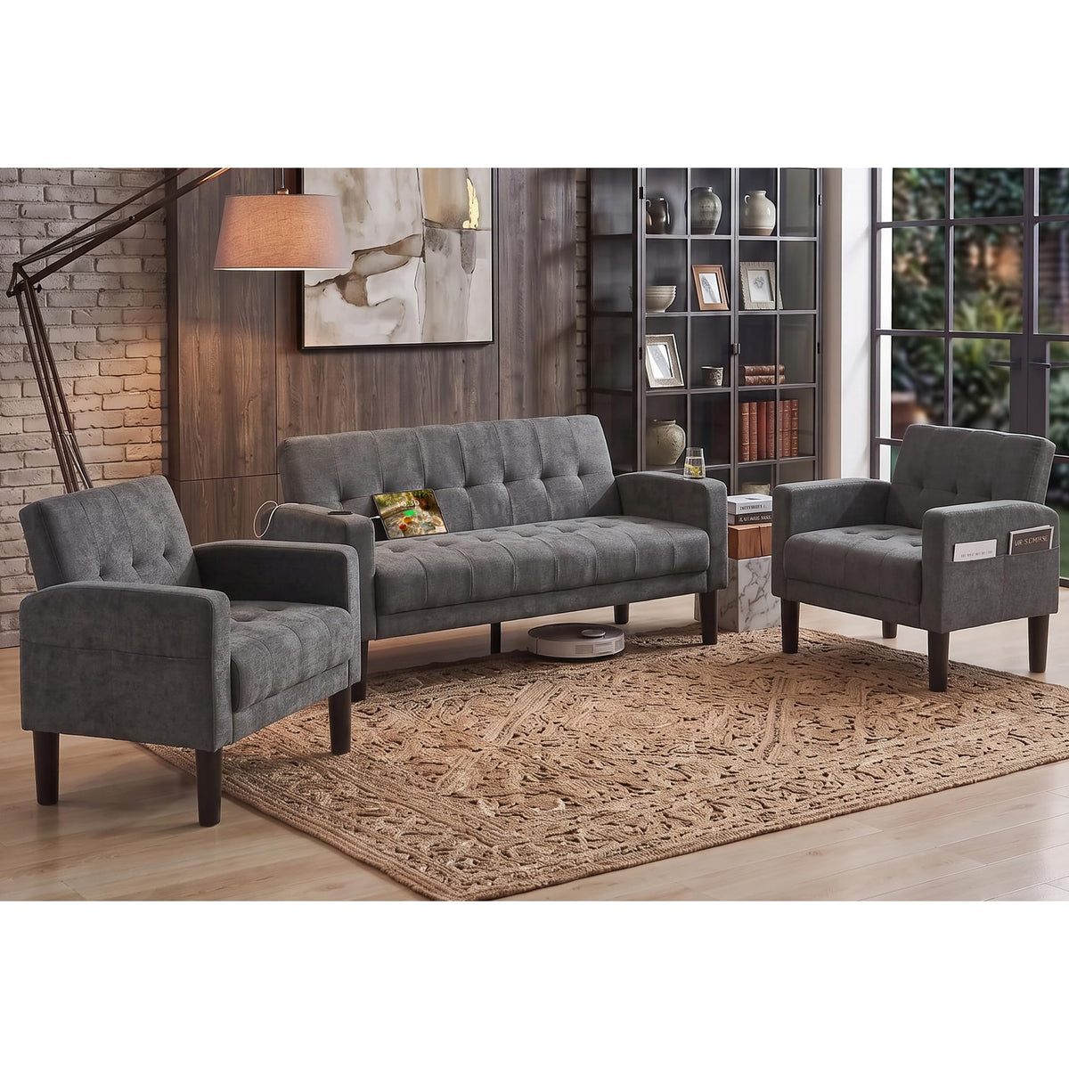 2 Piece Dark Grey Fabric Linen Mid Century Modern Living Room Sofa Set