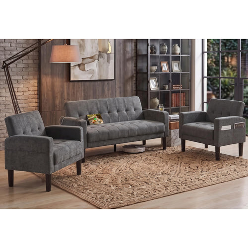 2 Piece Dark Grey Fabric Linen Mid Century Modern Living Room Sofa Set