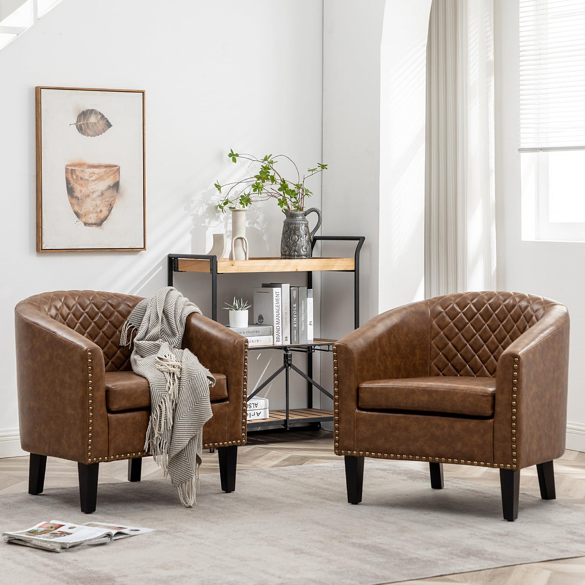 KINWELL 29" W Faux Leather Tufted PU Barrel Club Chairs Set of 2, Black