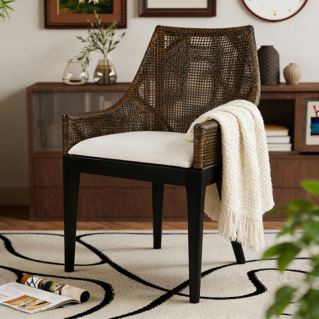 DUHOME 2 Sets Wood Rattan Arm Accent Chairs Natural Wash/White Cushion