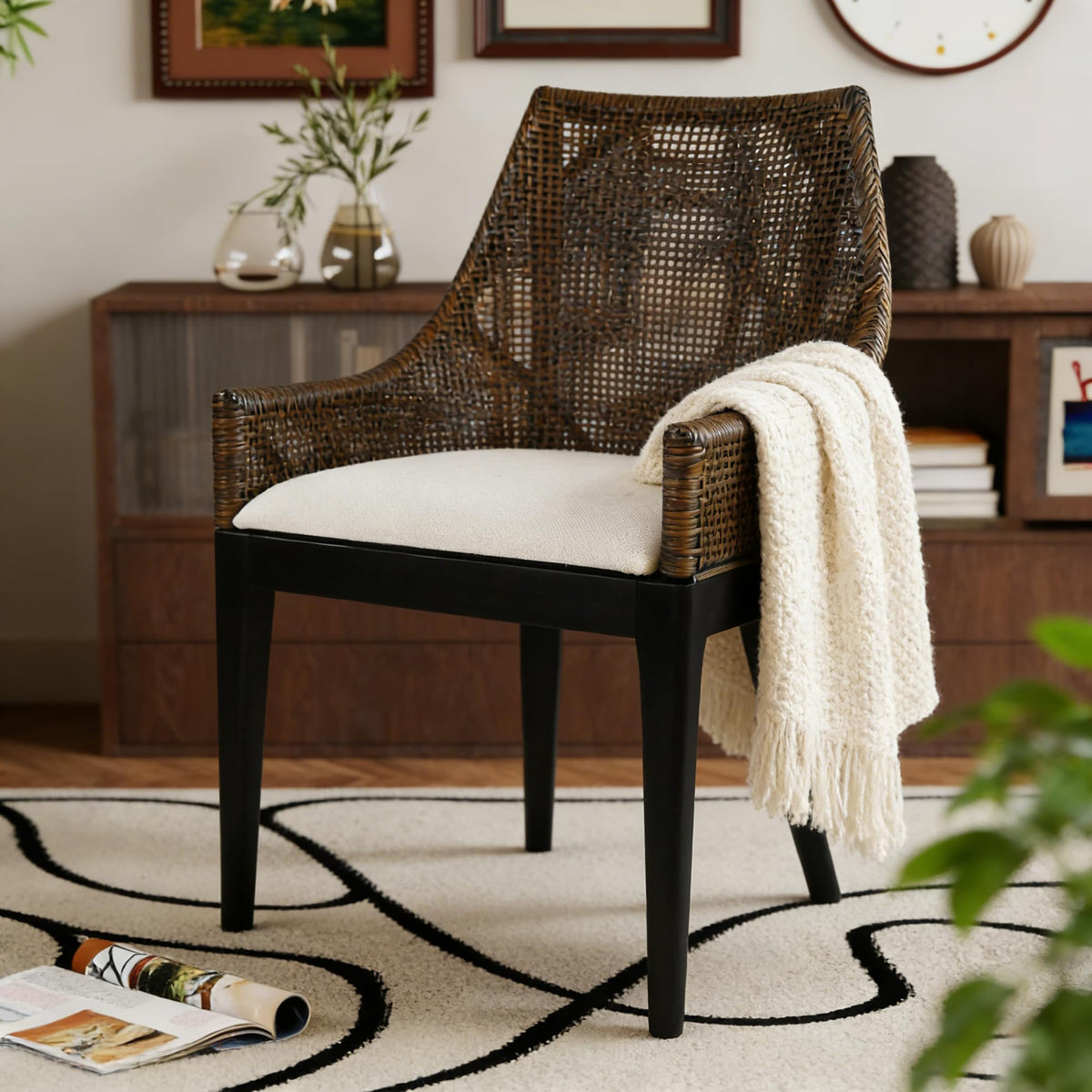 DUHOME 2 Sets Wood Rattan Arm Accent Chairs Natural Wash/White Cushion