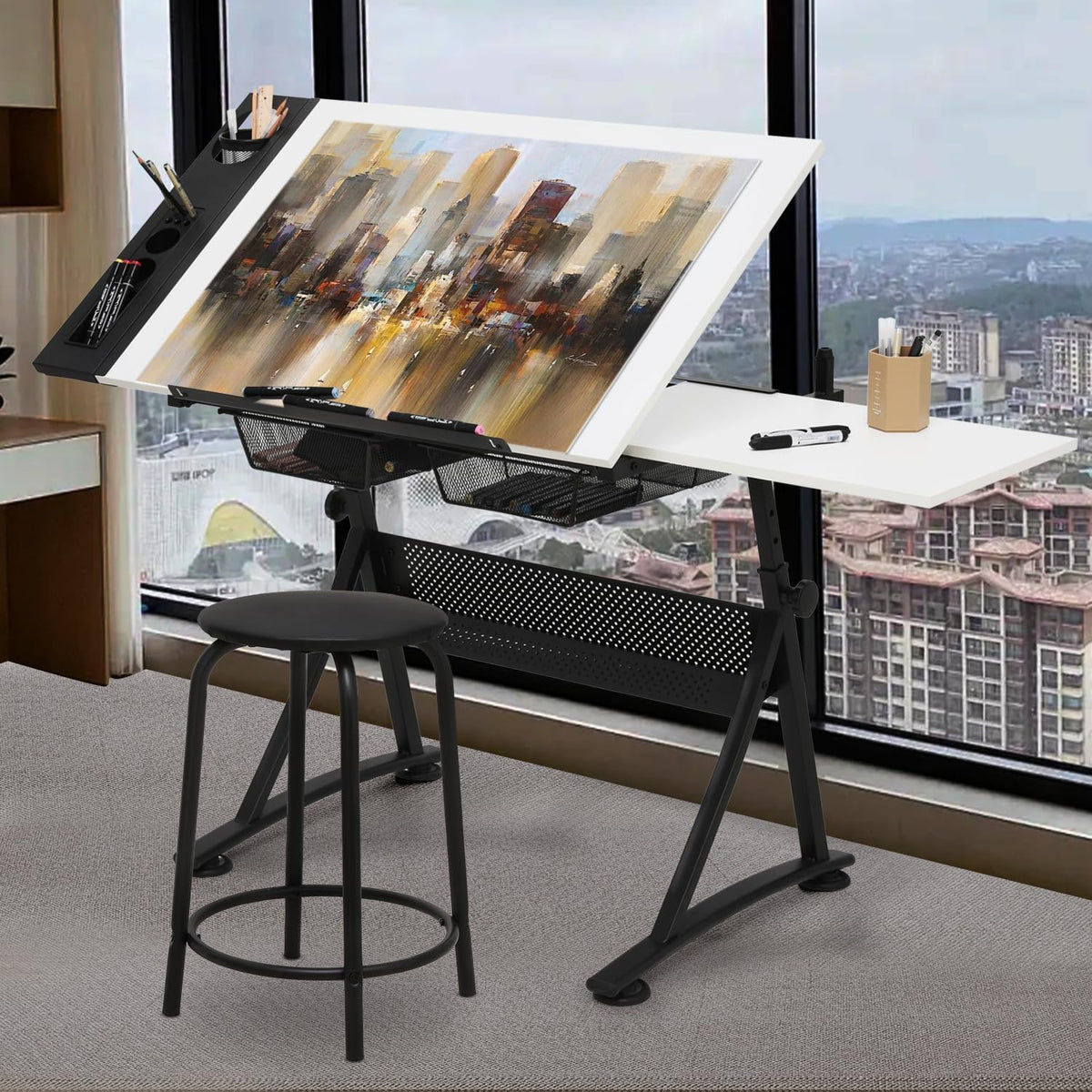 Drafting Table, Clear Glass, Angle Adjustable Top